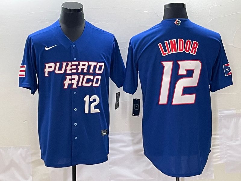 Men 2023 World Cub Puerto Rico #12 Lindor Blue Nike MLB Jersey3